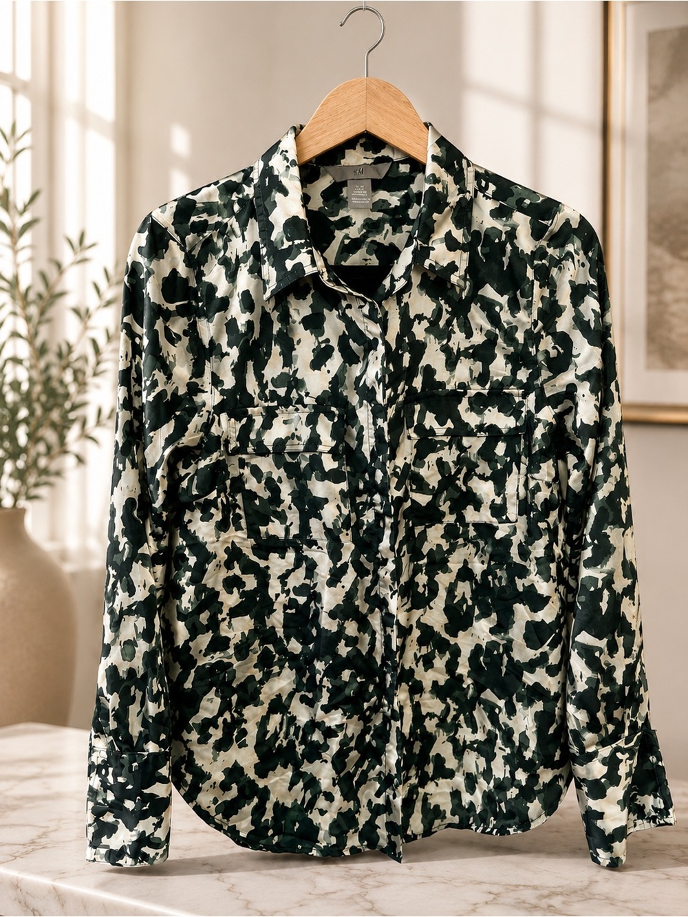 H&M Black and Cream Printed Button-Up Top